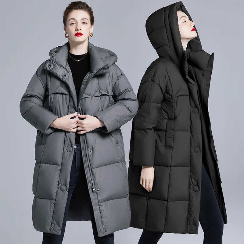 Winter Quilted Down Jacket Women Warm Hooded Mid-Length Puffer Jacket Single-Breasted High-Quality Luxury Trench Coat Windproof