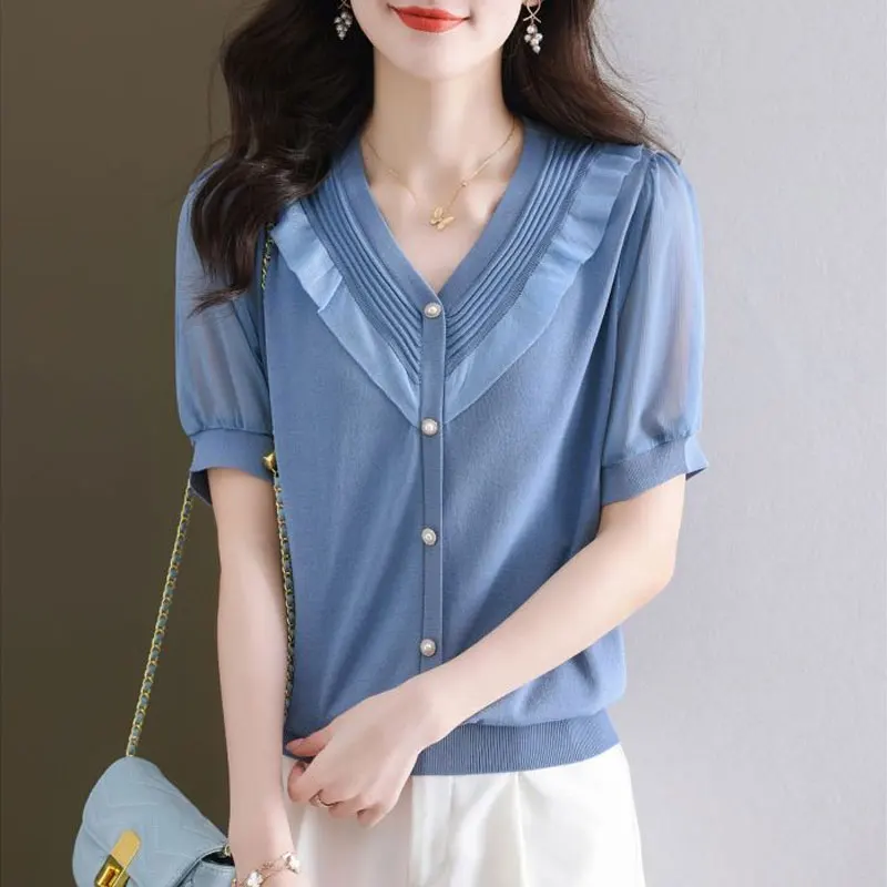 Commute Stylish Ruffles Patchwork Shirt Chic Pearl Button Summer Elegant V-Neck Female Clothing Solid Color Striped Folds Blouse