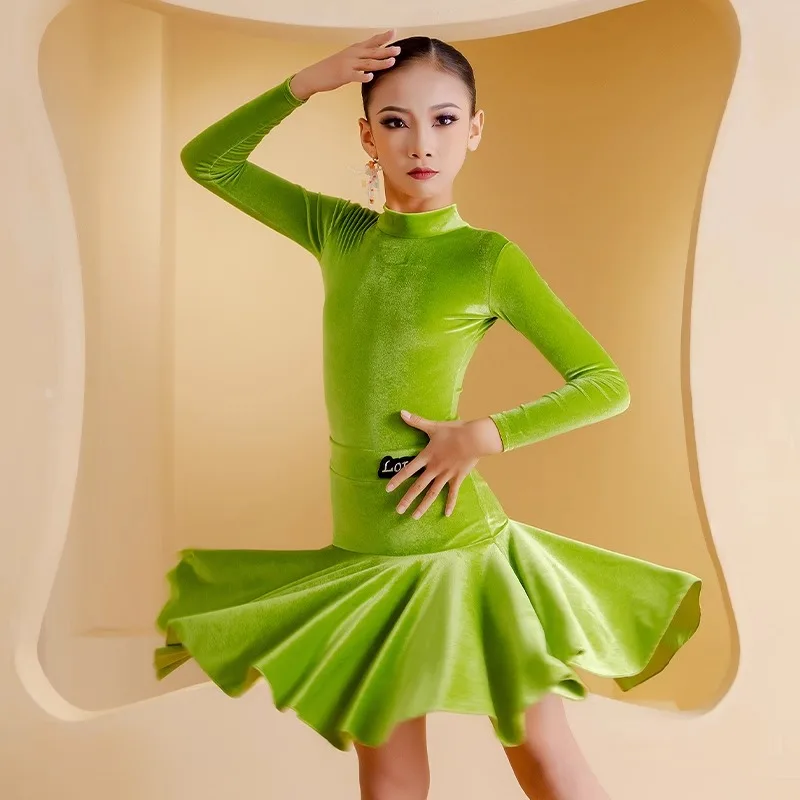 تخصيص فستان الرقص اللاتينية طويلة الأكمام مجموعة ممارسة الملابس المهنية الدرجات المنافسة كبيرة سوينغ تنورة 2 قطعة