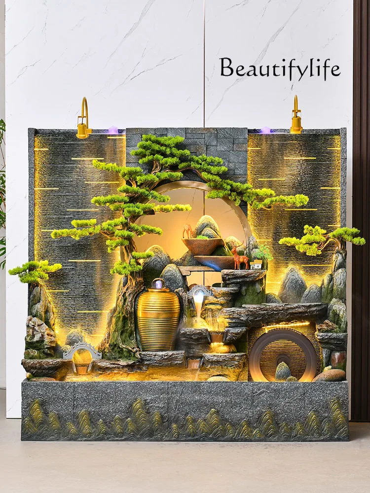 Large water curtain wall rockery flowing water fountain lucky ornament living room villa screen flowing water wall ornament