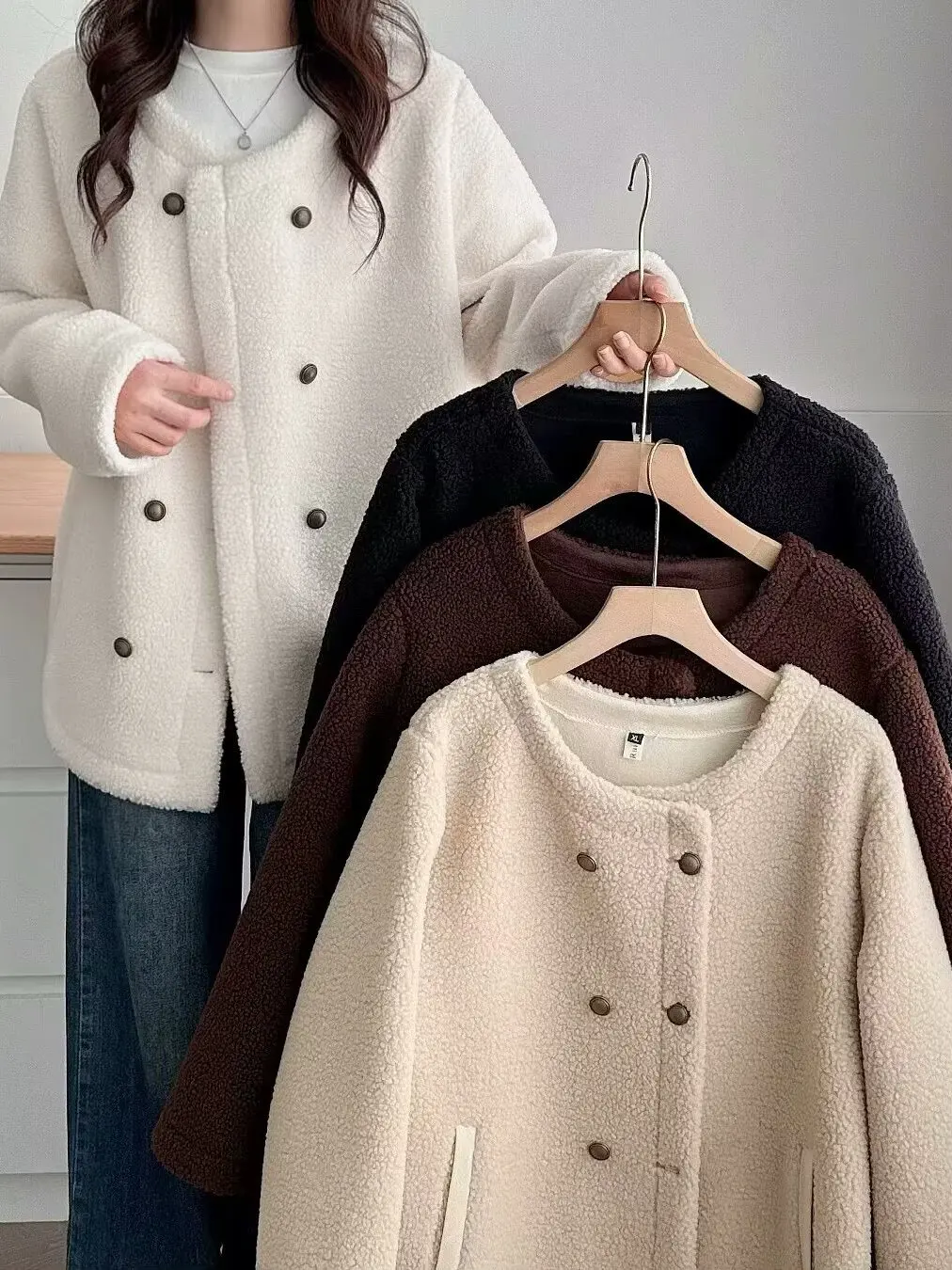 Chaqueta informal de piel de cordero con doble botonadura estilo coreano para mujer, talla grande, holgada, gruesa, que cubre...