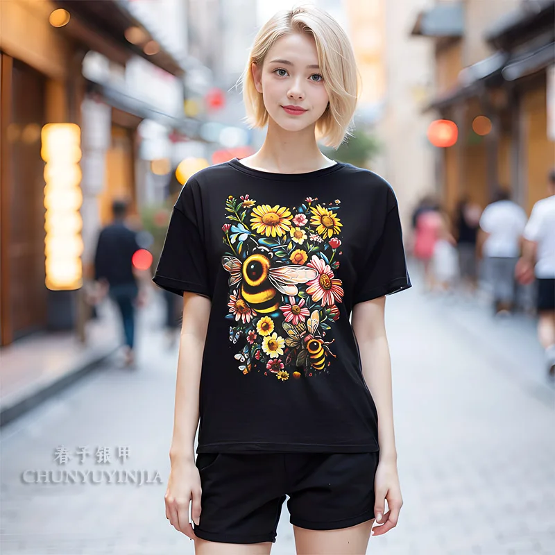 Imagem -03 - T-shirt de Manga Curta Feminina Top Preto Designer Marca de Luxo Padrão Abelha Impressão 3d Chun yu Yin Jia