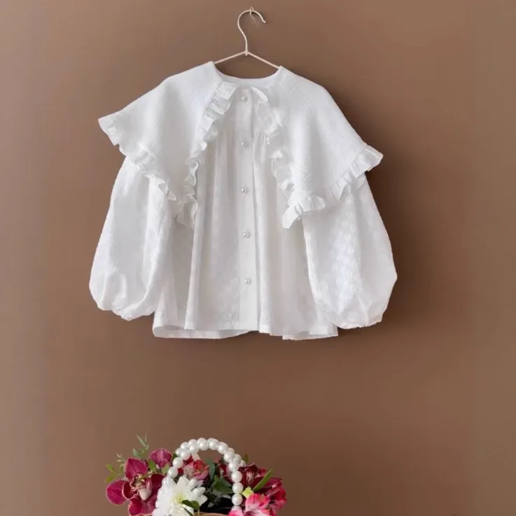 2025 Russian Spring and Autumn Girls Top Cotton Embroidery Spring and Autumn Falling Shoulders Casual Lace Style Doll Shirt