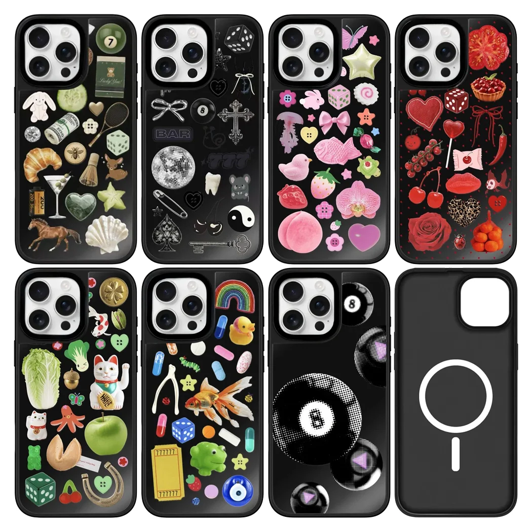 

Cartoon Stickers Black Mirror Surface Black Border Magnetic Phone Case for IPhone 17 ~ 12 Pro Max Cover