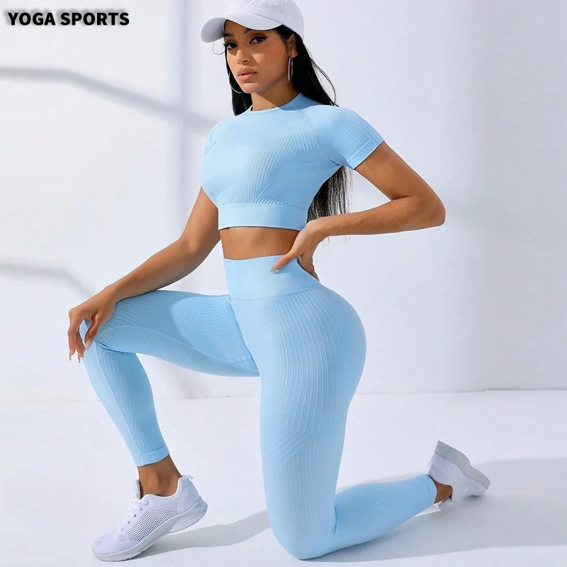 Seamless Knitted Short Sleeve Yoga Sets Women Tight Slim Tops Push Up Leggings 2 Pieces Gym Tracksuits Workout Fitness Clothing