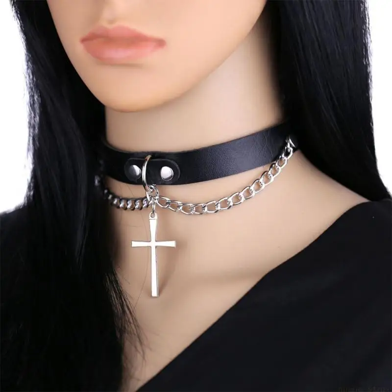 31BF Einstellbare Gothic Leder Halsband Kragen Halskette Punk Schlüsselbein Kette Halskette Kreuz Anhänger Halsband Halskette