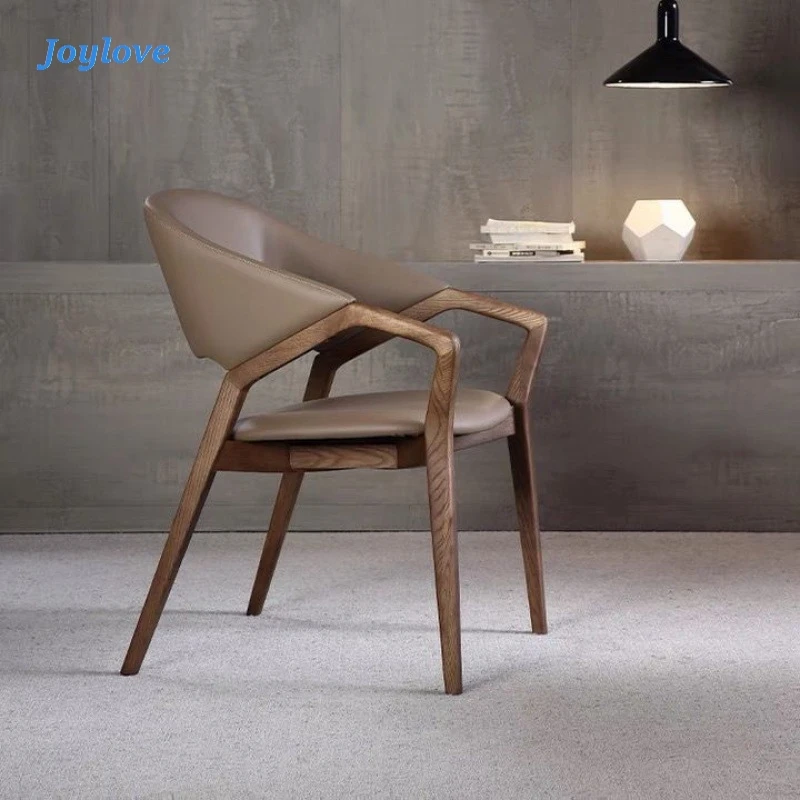 

Home Use Nordic Light Luxury Leather Solid Wood Dining Chair Italian Minimalist Leisure Chair Solid Wood Armchair Furniture 2023