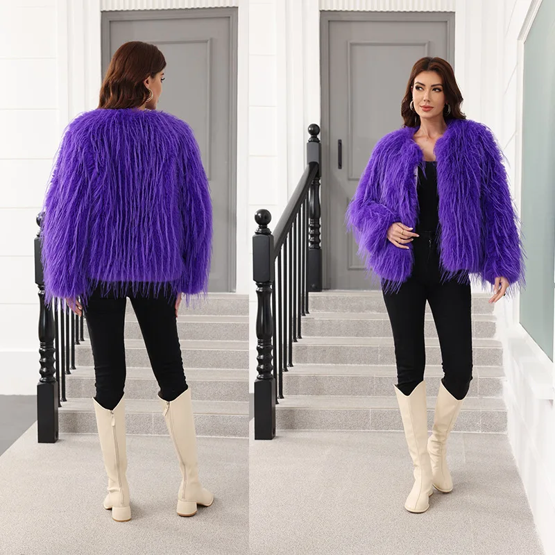 เสื้อคลุมขนสัตว์เทียมสำหรับผู้หญิง ทรงหลวม แฟชั่น ขนฟ็อกซ์เทียม หนังเทียม ทรงสั้น อุ่นสำหรับฤดูหนาว