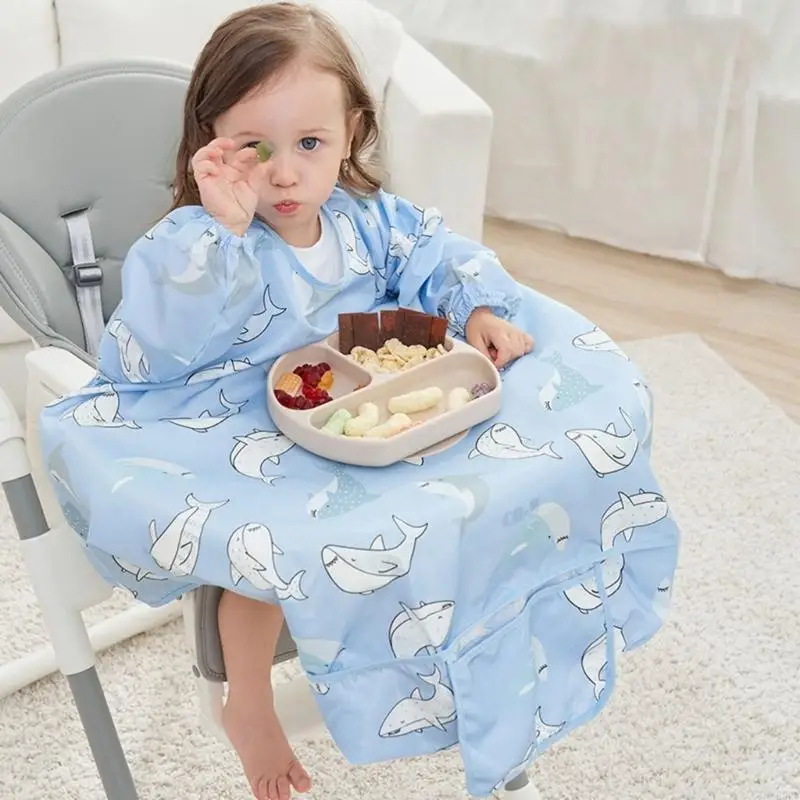 

E06F Child Apron Bib Baby Mess-proof Feeding Bib Smock 2-in-1 Highchair Table Cover