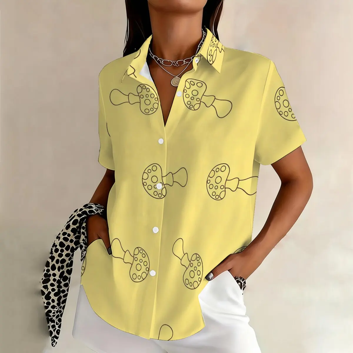 

Simple and personalized cartoon mushroom print summer women's plus size lapel short sleeved shirt, daily versatile top
