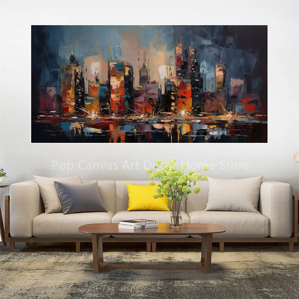 

Hand-Painted Abstract City Skyline Oil Painting Thick Texture Night View Canvas Wall Art Modern Home Decor