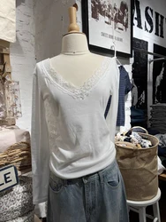 Lace Trim White Long Sleeve T-shirt Woman Autumn Sexy V-neck Cotton Slim Tees Casual Simple Solid Sweet Basic Tshirt Y2k Tops