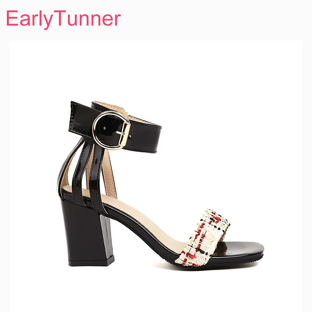 2026 Summer Tweed Ankle Strap Sandals for Women Square Toe High Heels Lady Dress Shoes Large Small Plus Size 12 32 46 48