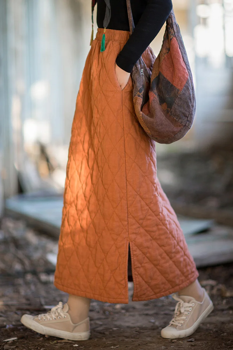 Gonne in cotone ramiè invernale da donna vintage stile A Vita elastica a vita alta 2025 Gonne lunghe spesse calde in cotone stile cinese più