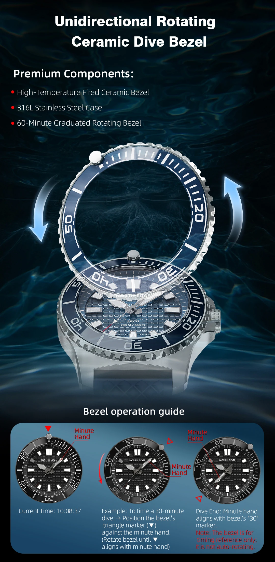 NORTH EDGE ABYSS Herren Quarzuhr Solarbetriebene Luxusuhr 200M Wasserdichte Taucheruhr 316L Stahlgehäuse 180+ Tage Energievorrat – Detail 7