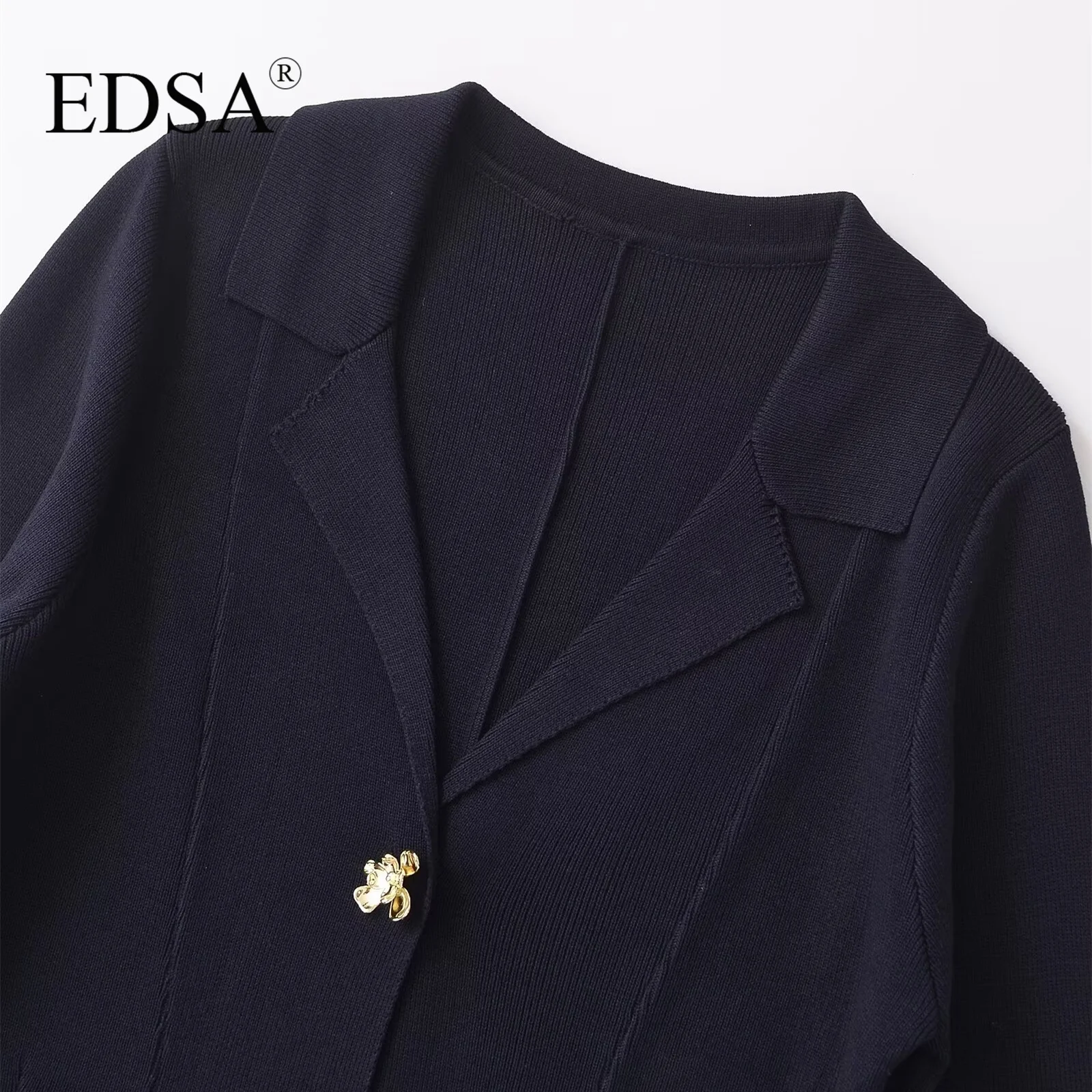 EDSA Women Knitted Blazer with Flower Buttons Jacket with Lapel Collar Long Sleeves for Female Autumn