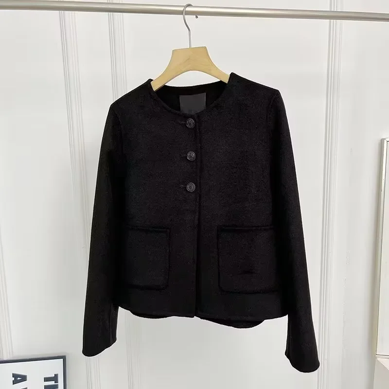 Maxdutti-Chaqueta de lana de oficina francesa para mujer, abrigo Retro, chaqueta negra con botones, Blazers casuales elegantes, Tops de moda