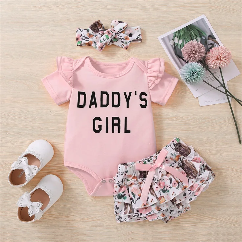 

Newborn Baby Girl Clothes Summer Letter Print Short Sleeve Romper Tops Ruffled Floral Shorts Headband 3Pcs Sets