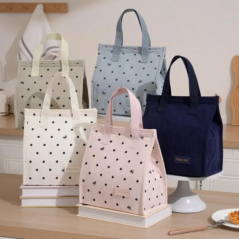 Reusable Portable Insulated Lunch Bag Top Handle Minimalist Style Lunch Tote Bag Polka Dot Thermal Lunch Box