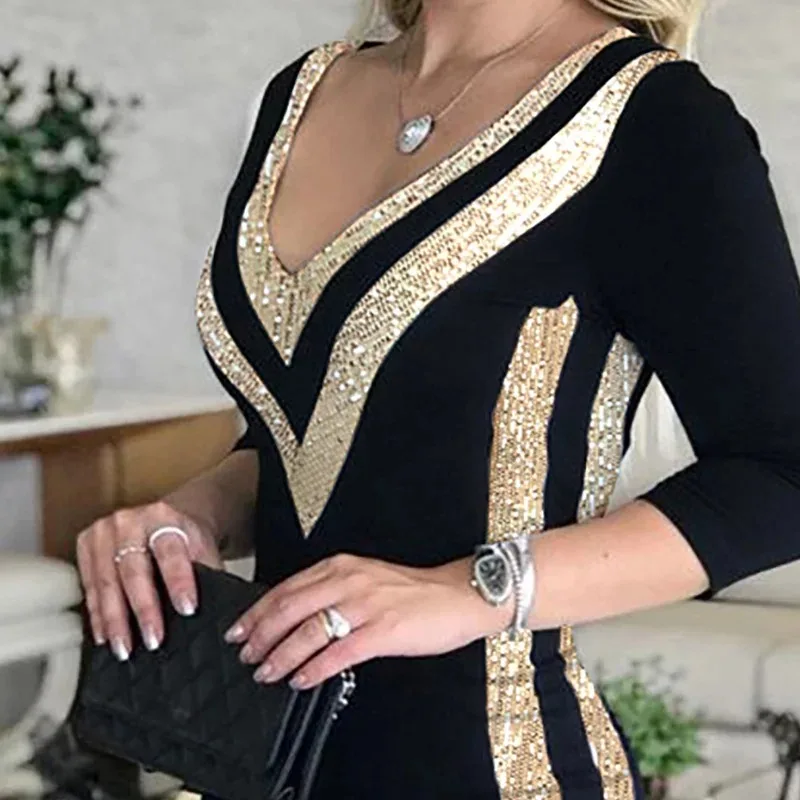 

Printed Sequin Dress New Year V-neck Women's Black Striped Patchwork 2023 Golden Skirt Sleeve Sheath Sexy Party Ladies Costume