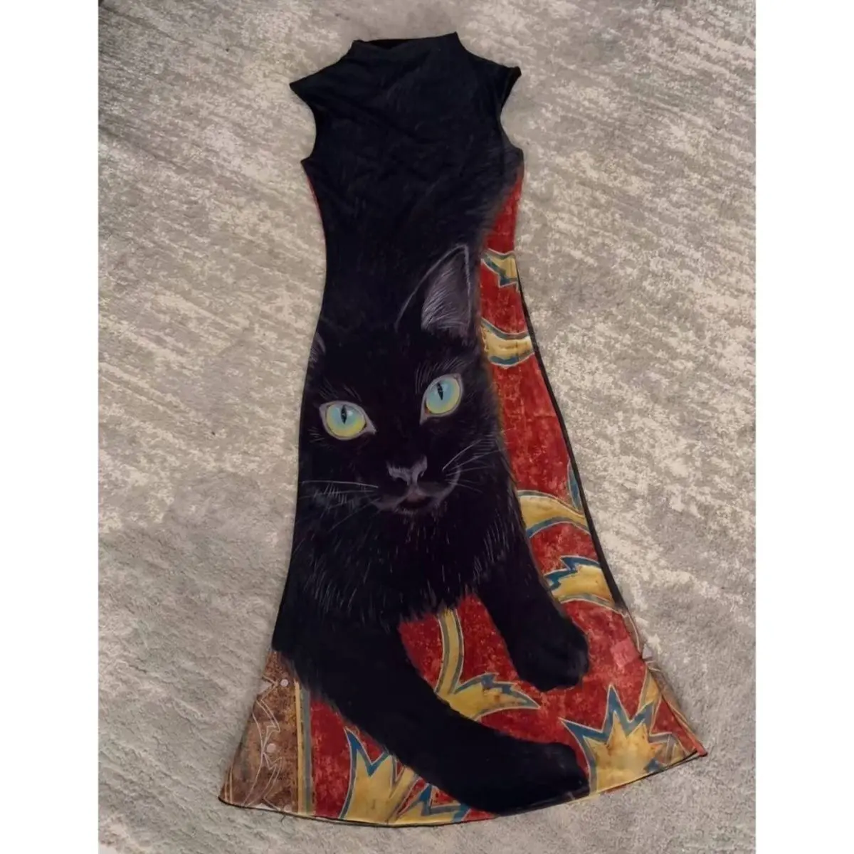 Millennium Y2K Style Black  Print Dress Chinese New Style Mesh Retro Stand Collar Sleeveless Sexy Fish Tail Skirt Dress