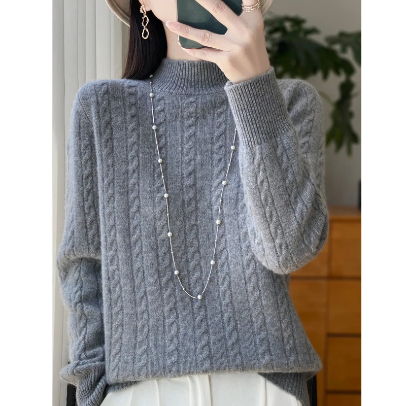 

2026 100% Merino Wool Knitwear Spring Autumn Women's Basics Sweater Cable Stitch Mock Neck Pullover Thick Soft Warm Clothing Top