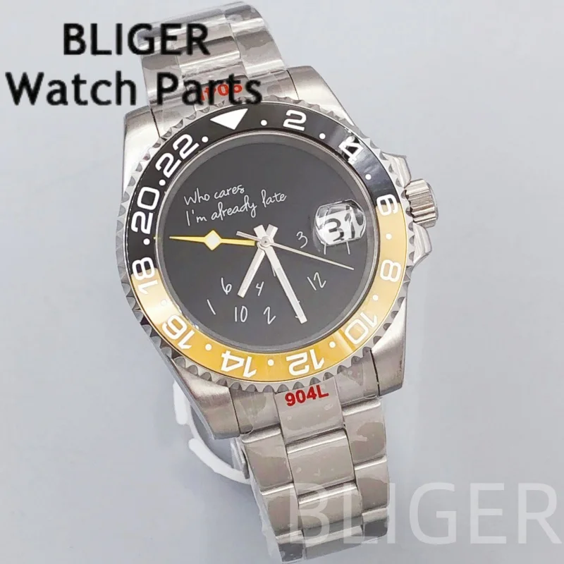 BLIGER 40 مللي متر أصفر GMT ساعة للرجال NH34A ساعة اليد الميكانيكية أسود أصفر السيراميك الحافة الياقوت الزجاج Lume 100 متر مقاوم للماء