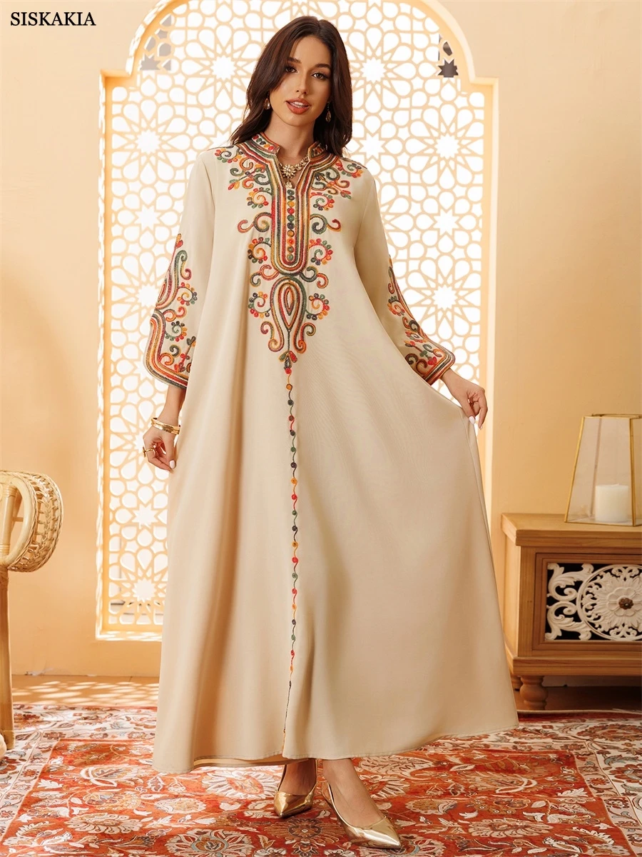 Siskakia Ramadan Muslim Women's Embroidered Loose abaya Dresses For Women Gala Morocco Dubai Elegant Casual Kaftan