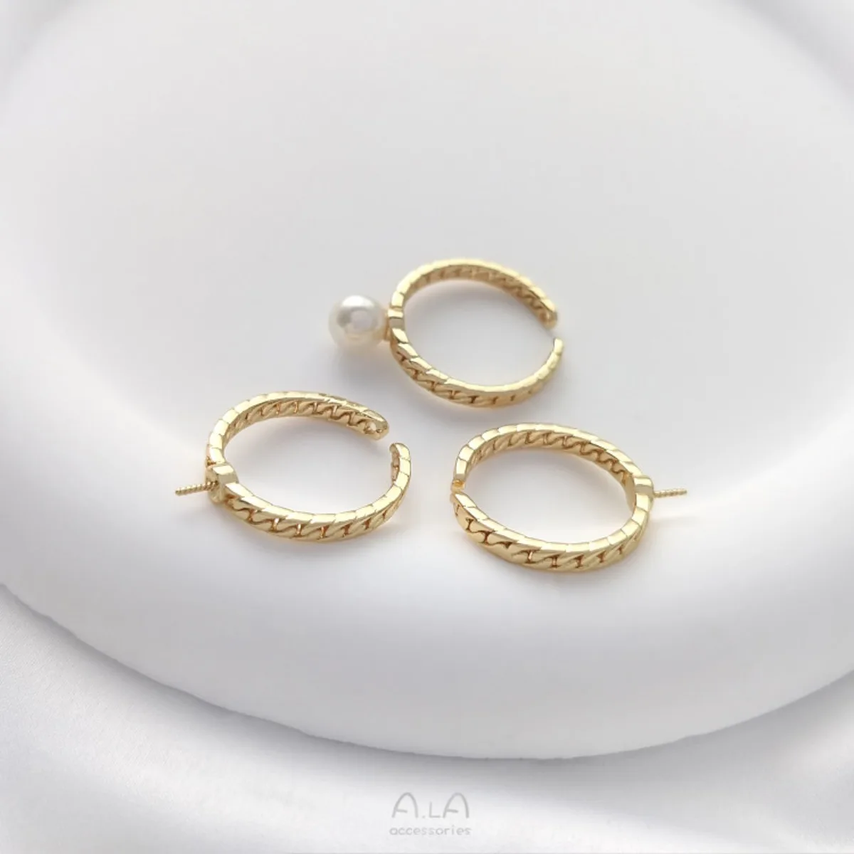 14K Gold-plated Half-hole Bead Holder Ring Twist Ring Holder DIY Sticky Pearl Open Ring Handmade Material