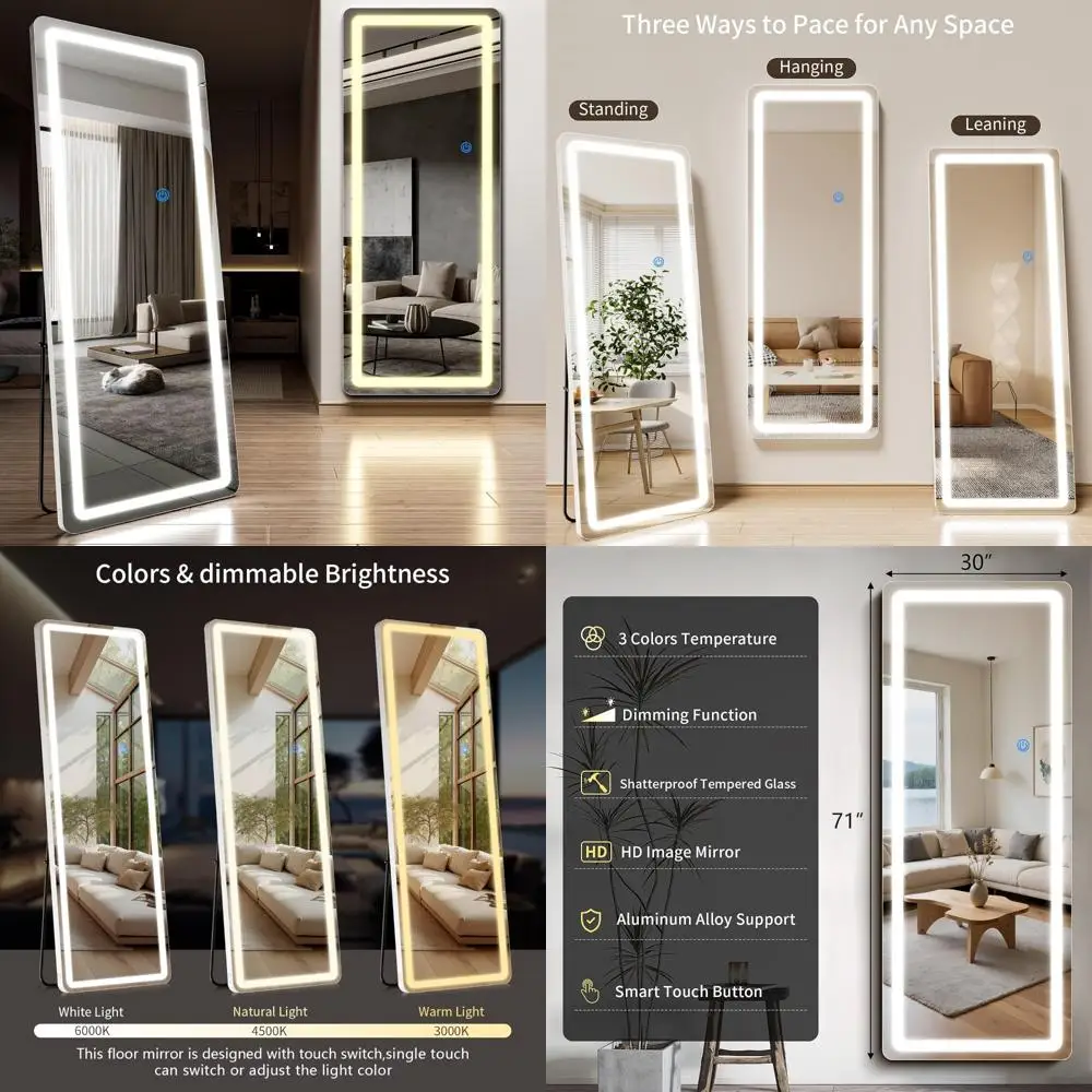 LED-verlichte vloerspiegel over de volledige lengte, 71 x 30 met afgeronde hoeken, 3-kleuren dimbare verlichting, volledige spiegelstandaard