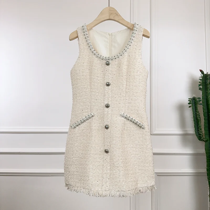 

French Small Fragrant Pearl Diamond Round Neck Fashion Short Dress Female Vintage Tassel Shiny Party Wedding Tweed Dress Women