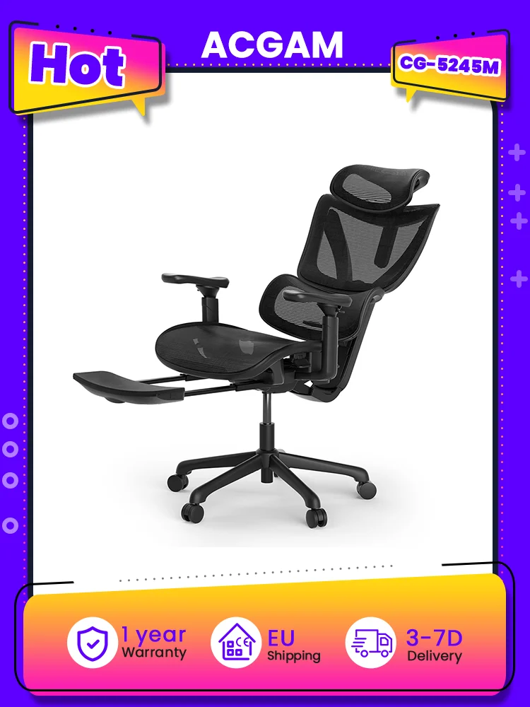ACGAM CG-5245M Ergonomischer Bürostuhl, verstellbare Lendenwirbelstütze, 3D-Armlehnen, 2D-verstellbare Kopfstütze, gewichtssensorische Neigungsverstellung, atmungsaktiver Gaming-Stuhl aus Netzstoff