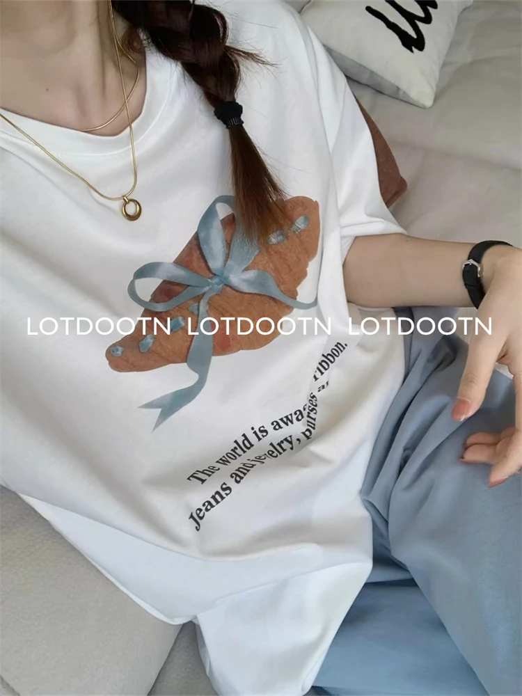 LOTDOOTN Y2k Graphic Tshirt Pure Cotton Tops Croissant Print Korean Female Kawaii Cartoon Harajuku T-shirt Unisex Clothing Women