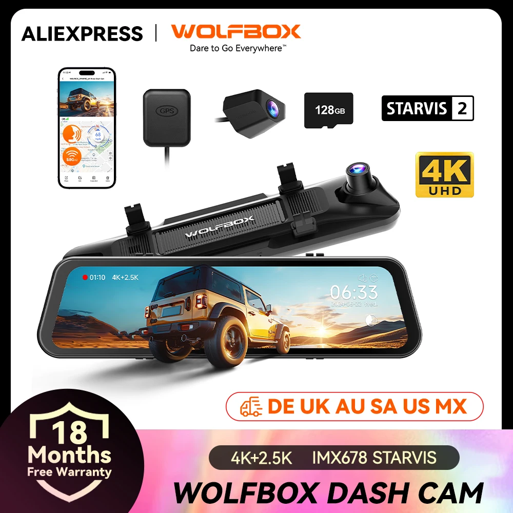 WOLFBOX G900 PRO Dash Cam 4K + 2.5K voiture DVR commande vocale 5GHZ WI-FI et GPS enregistreur vidéo caméra avant et arrière