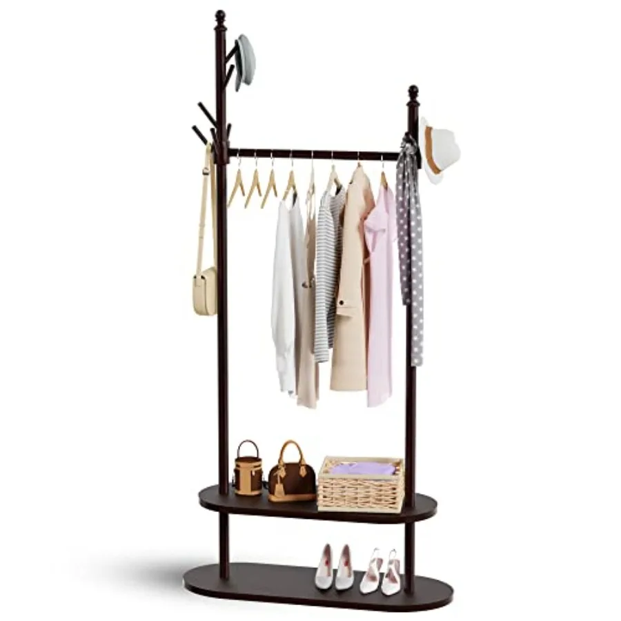 

2-Tier Coat Rack Freestanding Easy Assemble 8 Hooks Wooden Coat Rack with Shoe Storage Sturdy Coat Tree Save Space Rustic Coat