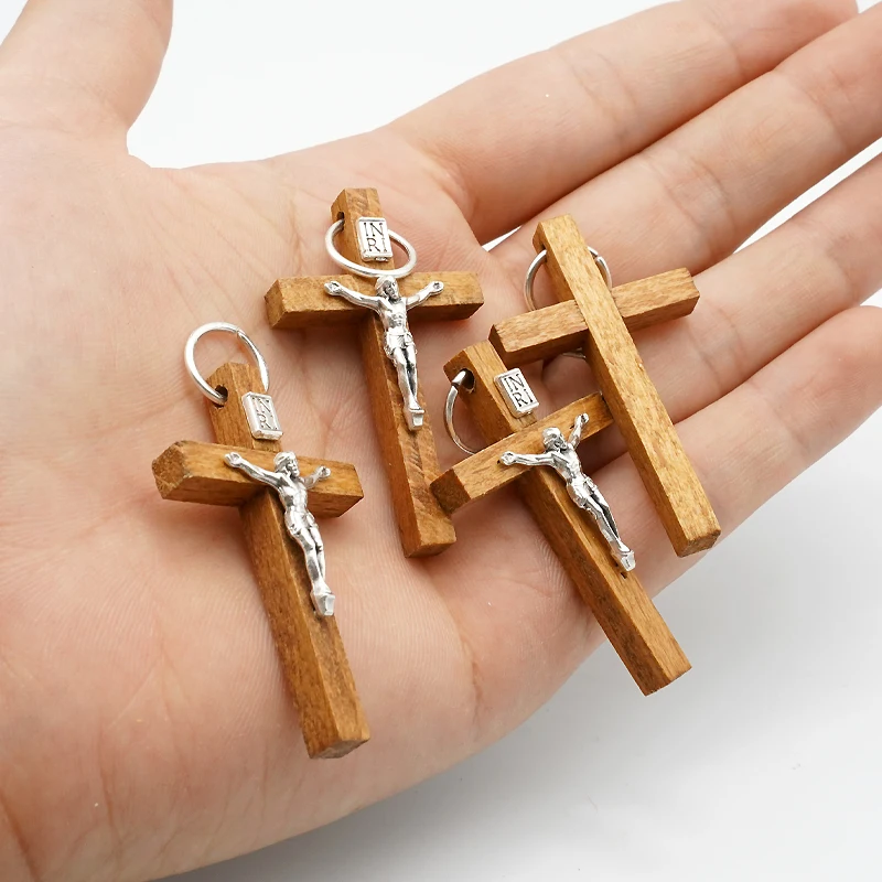 Walnut Cross Bitter Image Pendant Rosary Accessories Wood Pendants for Making DIY Jewelry Necklace 45x27mm Rosarios Catolicos