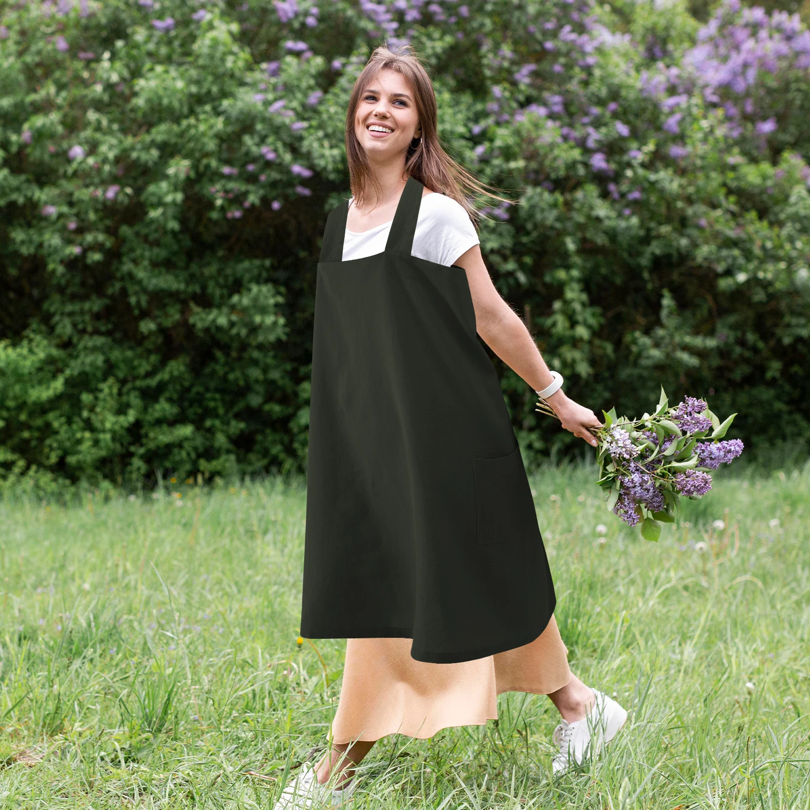 

Cotton and Linen Apron Dress Pockets Baking Kitchen Cooking Aprons for with Women