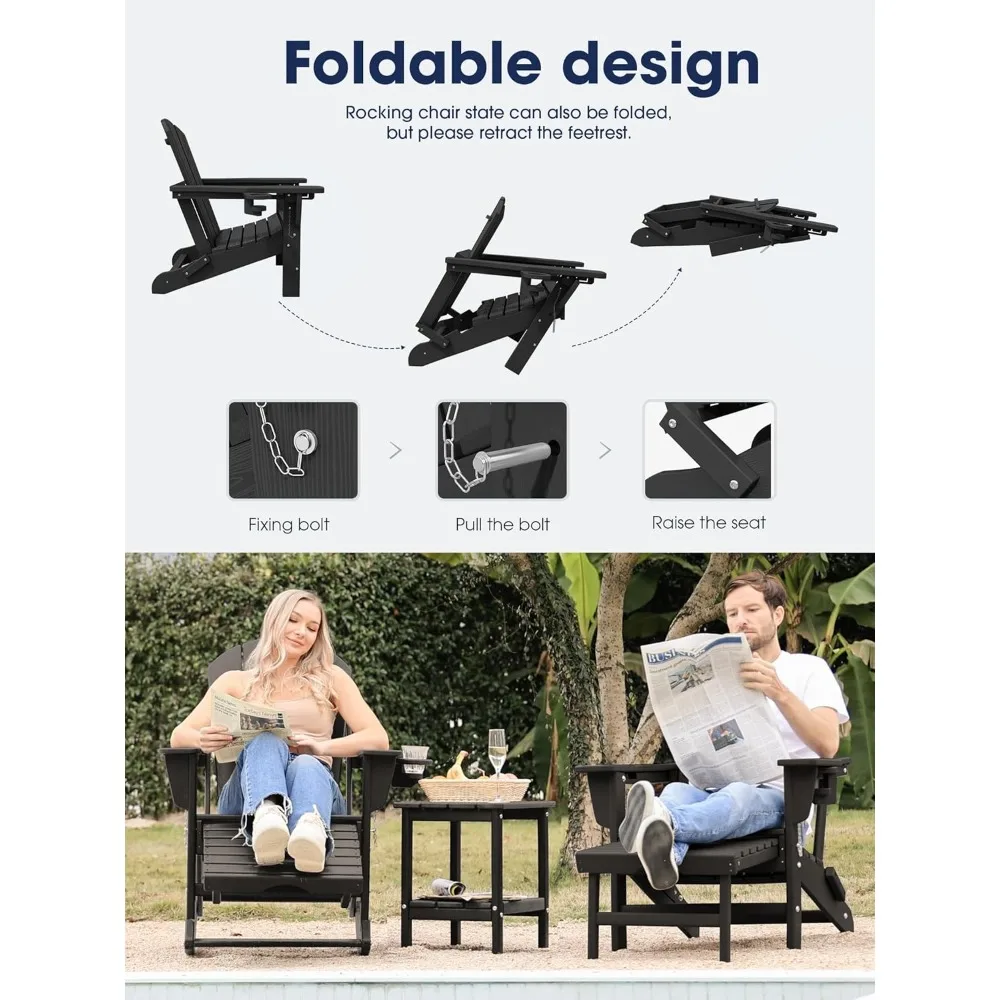Set di 2 sedie a dondolo Adirondack con pouf retrattile e portabicchieri da patio per portico balcone nero HDPE