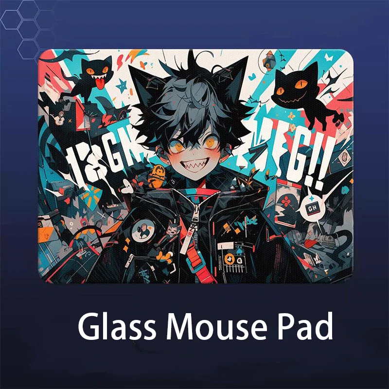 Cute Trendy Anime Boy Black Cat Ears Glass Mouse Pad Ee-sports Gaming Keyboard Office Desktop Decoration Student Dormitory