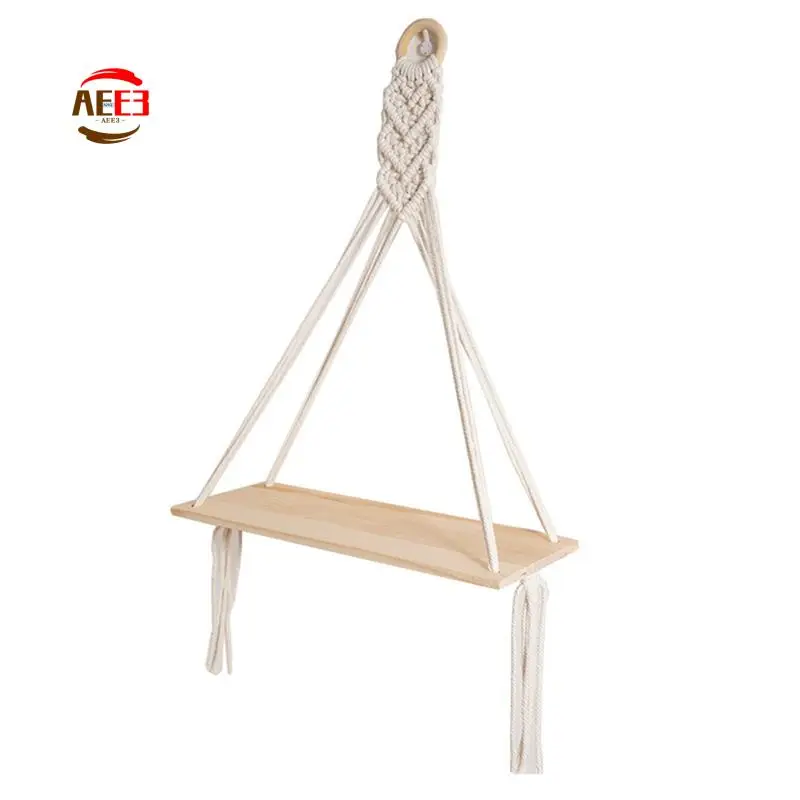 AEE3-2PCS Hanging Shelf Boho Handmade Bohemian Wooden Plants Floating Rope Shelves Decorative Holder