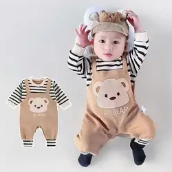 Spring Autumn Baby Boys Rompers Cartoon Bear Print Long Sleeve Newborn Jumpsuit Girls Cotton Stripes Kids Outfit Clothes 0-18M