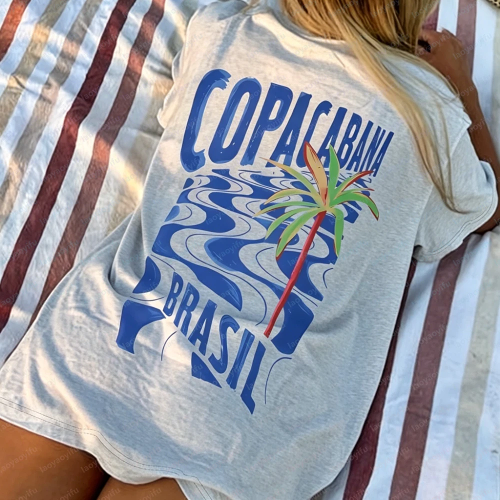 Women's Copacabana T-Shirt Tropical Coconut Tree Brazil Graphic Beach Vacation Essential Relaxed Outing Attire Stylish Beachwear