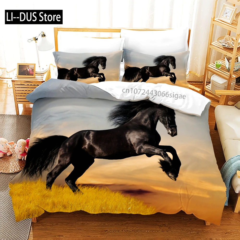 3pcs Duvet Cover Set, 3D Grassland Running Horse Digital Print Bedding Set, Soft Comfortable Duvet Cover Without Core