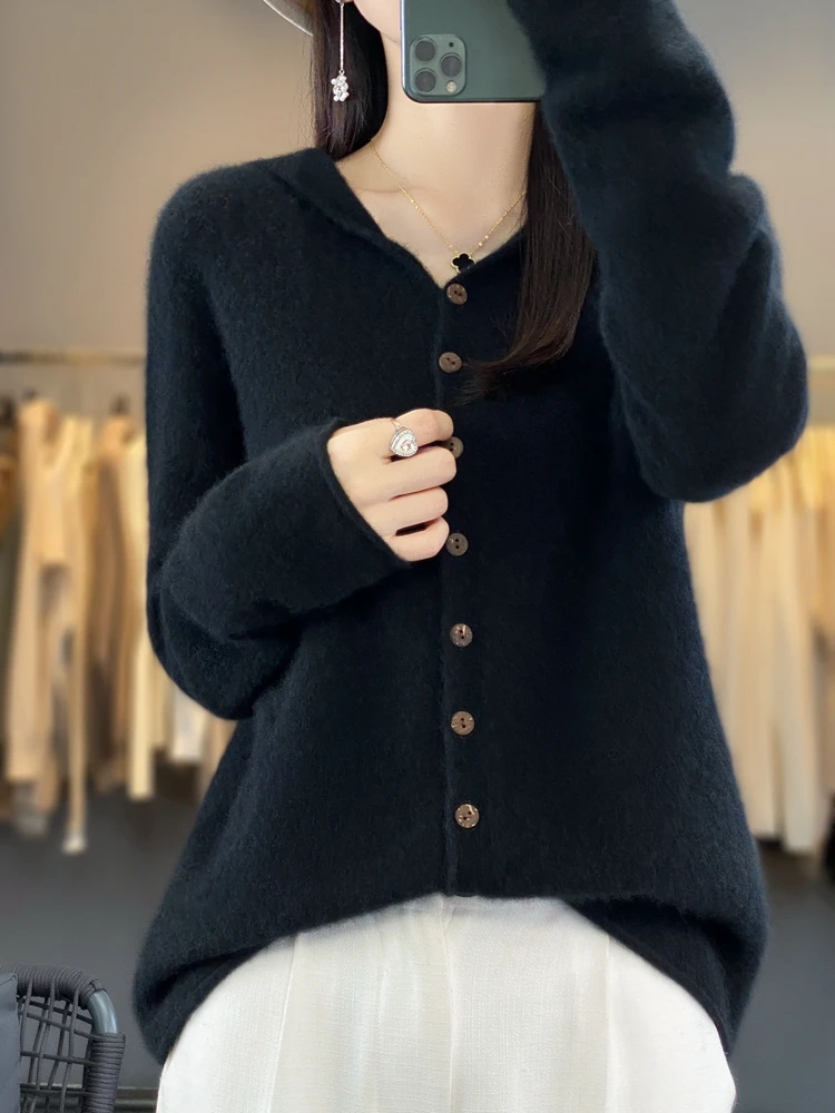 Addonee-Pull à capuche 2024 laine mérinos pour femme, cardigan en cachemire, sweats à capuche en tricot, vêtements de qualité basique, printemps,