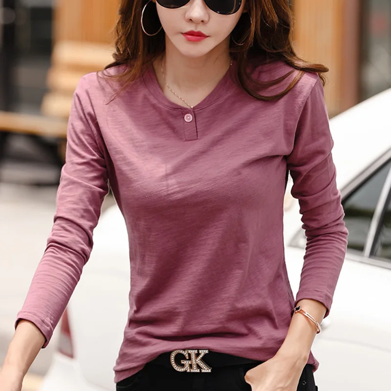 

2025 Female Button Green V-Neck Solid T-shirt Long Sleeve Autumn Winter Women Cotton T Shirts Korean Soft Loose Versatile Tops