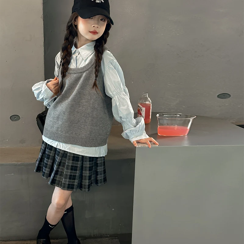 junior girls school outfits kids clothes suit 14 Sweater vest+blue bubble sleeve shirt+Plaid pleated skirt 3pcs teen child sets