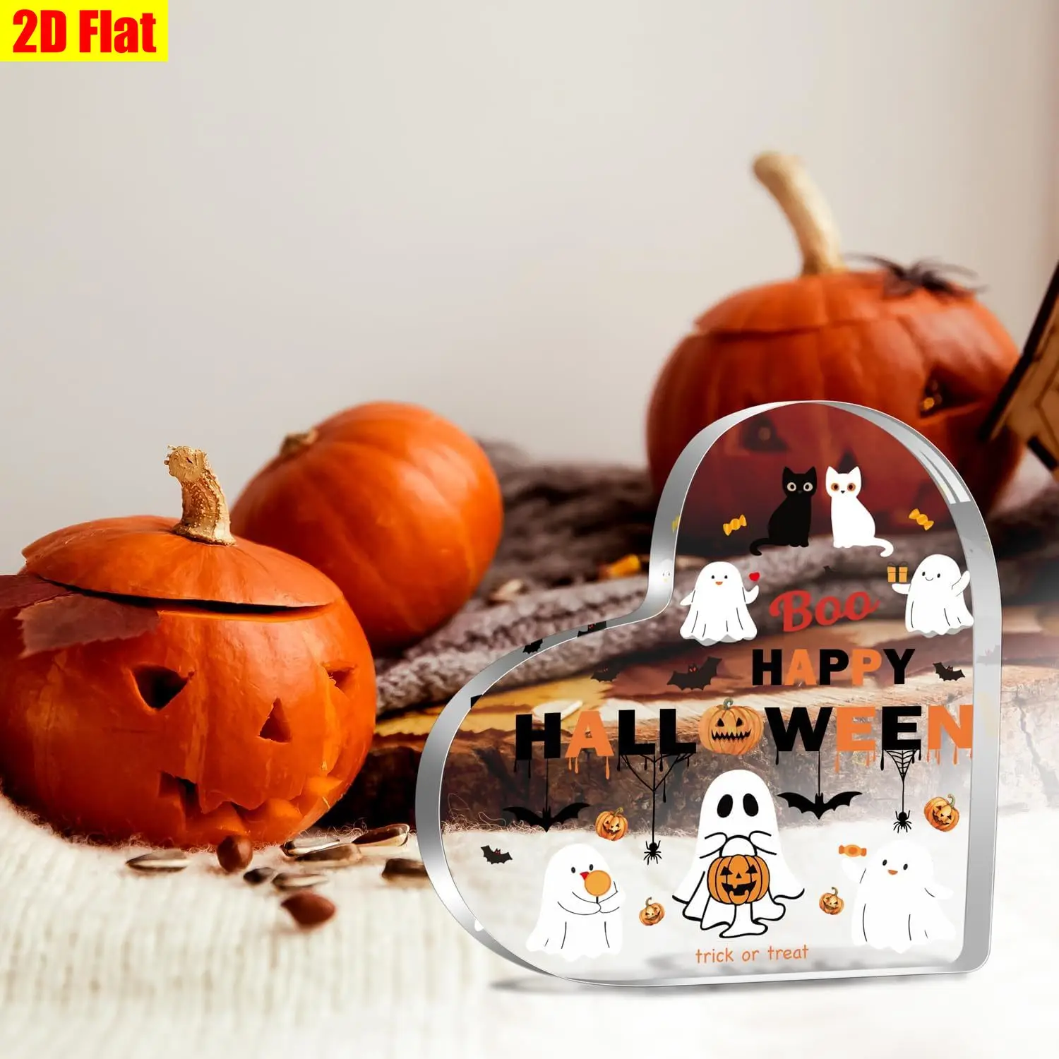 Spooky Acrylic Plaque Desk Decor with Cats & Pumpkin - 2D Flat Suitable for Home, Office, Contemporary Gothic Shelf Decoration, Cute Horror Vibes for Halloween Gift,