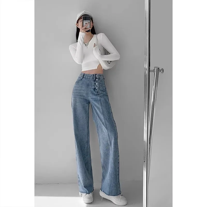 ハイウエスト ジーンズ レディース ルーズフィット ストレート レッグ パンツ ドレープ ワイドレッグ デニム パンツ