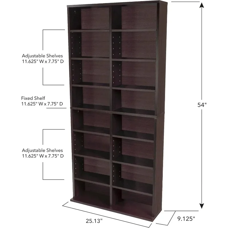 Oskar Adjustable Media Cabinet - Holds 464 CDs, 228 DVDs or 276 Blu-rays, 12 Adjustable and 4 fixed shelves PN in Espresso