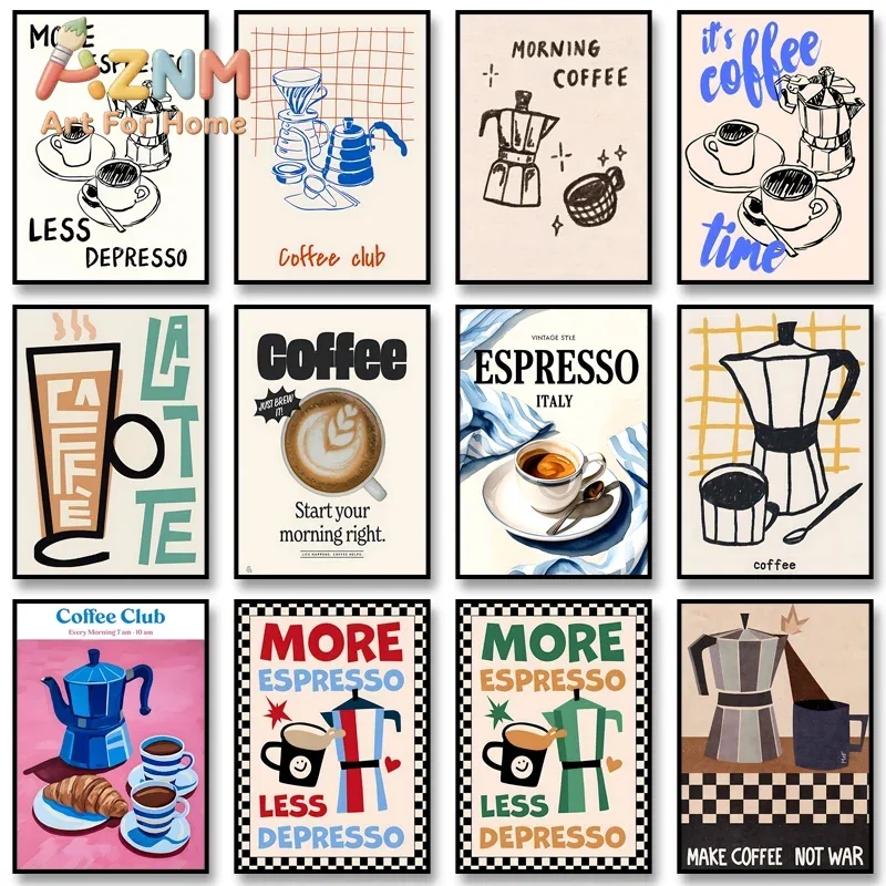 AZNM Retro Coffee Canvas Wall Art Colorful Coffee Pot Espresso Typography Quote Art Print Unframed Canvas Poster for Cafe Kitche
